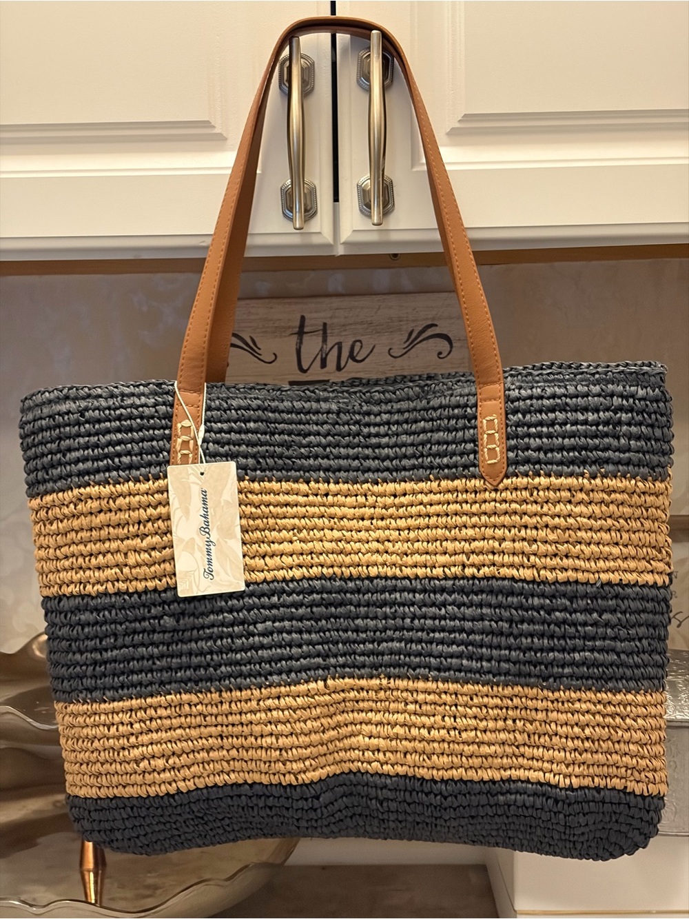 Tommy Bahama Navy & Natural Striped Woven Tote with Tan Leather Straps